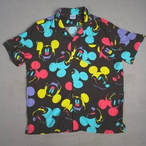 Disney Mickey and Friends Black Hawaiian Aloha Button Up Shirt Men's XL